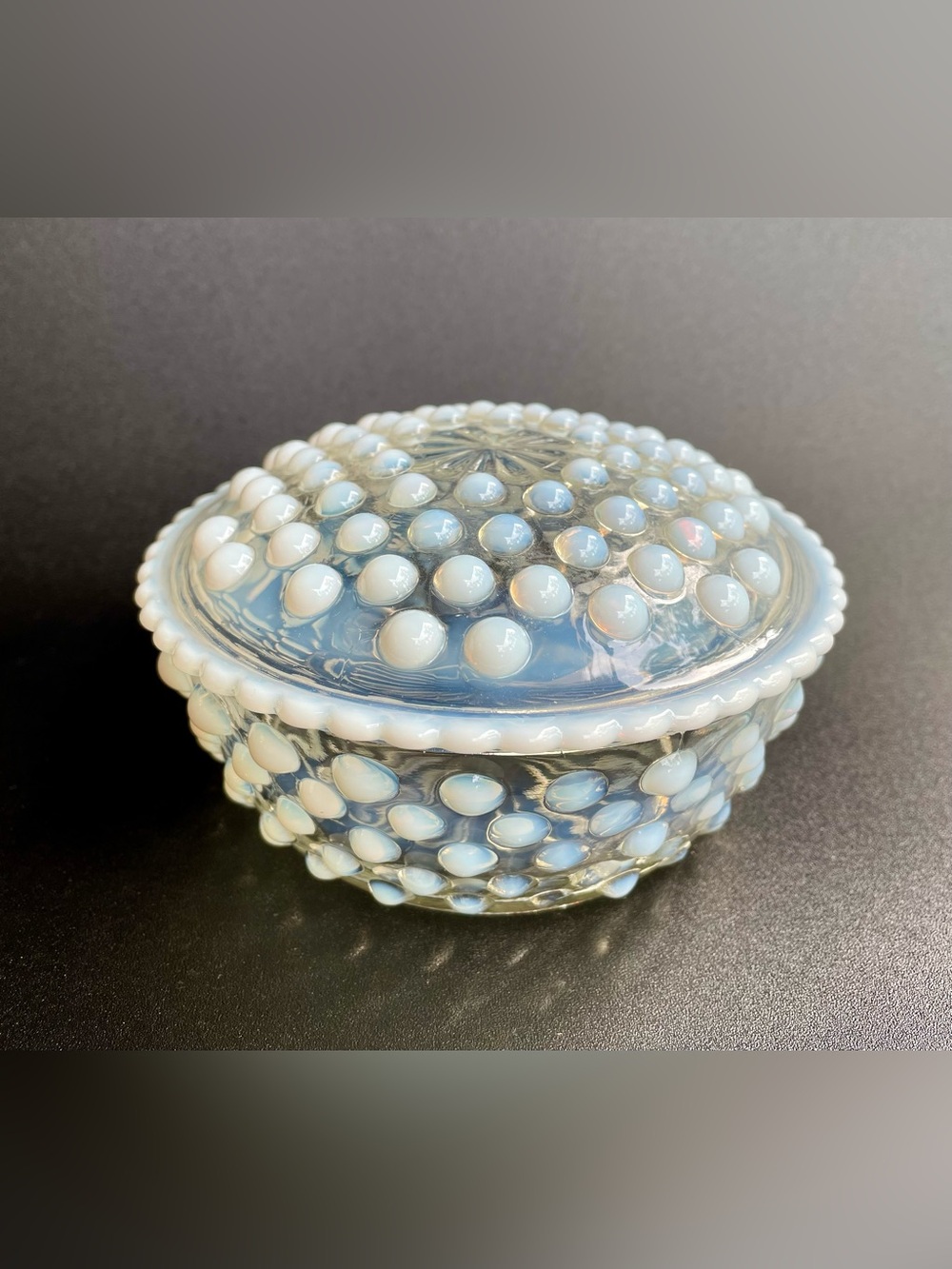 Anchor Hocking Moonstone Hobnail Powder Jar Trinket Dish Depression Glass 1940’s